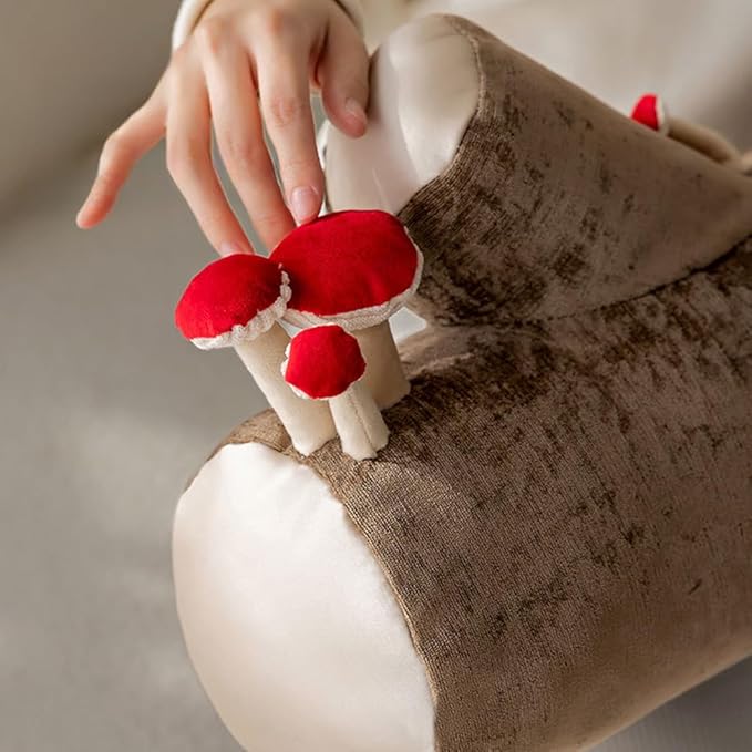 Mushroom Tree Log Pillow - Long Cylinder Decorative Throw Pillow for Couch, Sofa & Bed, Modern Chic Nature-Themed Pillow, Woodland Stump Accent Pillow for Living Room, Nursery, Home Decor