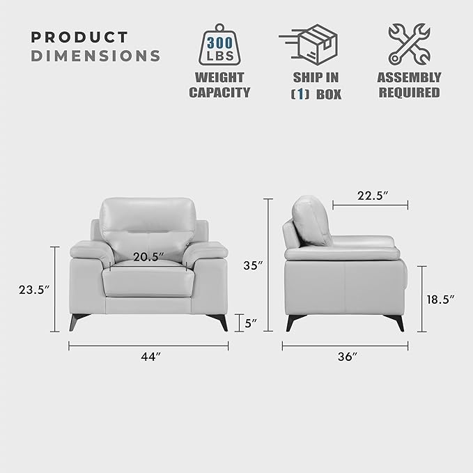 Lexicon Leather Chair, Oversized Seat, Top Grain Leather Lounge Chair, Modern Sofa Arm Chair for Living Room, Bedroom, Office, Apartment, Armchair, Silver Gray