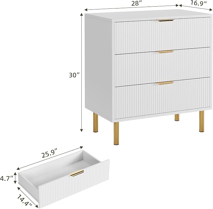 GarveeHome White Dresser, Modern 3 Drawer Dresser for Bedroom with Gold Handle and Large Drawer, Wood Double Chest of Drawers and Storage Organizer for Living Room, Hallway, Entryway - Image 2