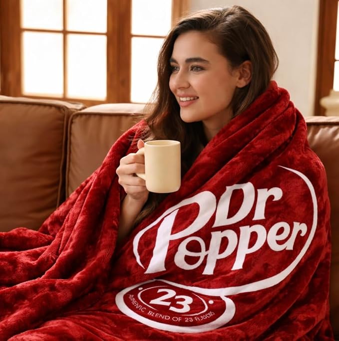 Dr Pepper Blanket 70x60 – Soft Thermal Flannel Fleece Throw, Soda Can Stuffed Plush Red Blanket for Couch, Bed, Car & Travel – Fun Home Decor Gift for Soda Fans.