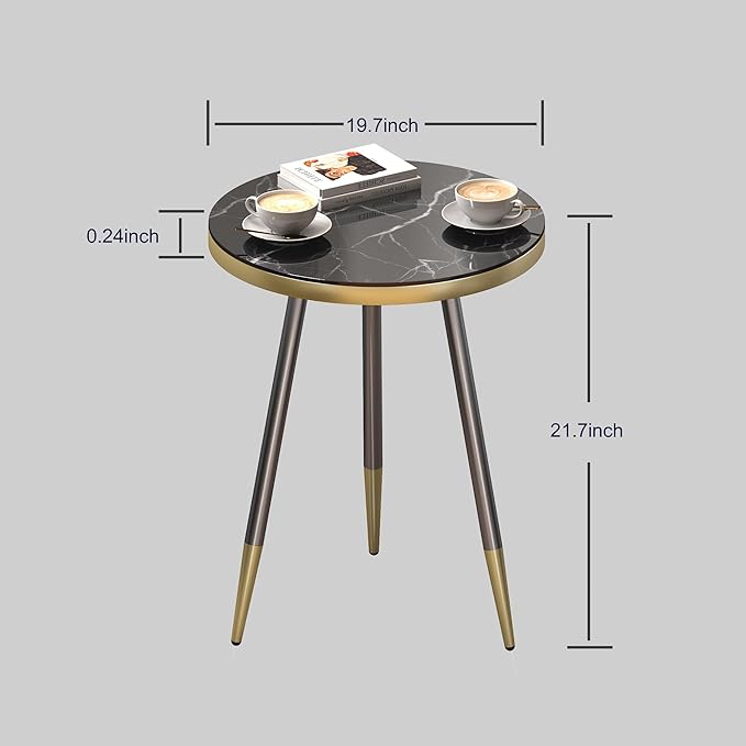 Round Coffee Table for Living Room, Bedroom, Balcony - 21.7" x 19.7" Space-Saving Black Marble-Textured Top, Sturdy Metal Frame with Black & Gold Finish | Premium Baked Paint, Easy Assembly