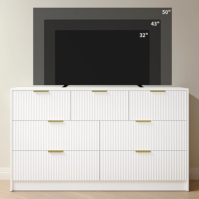 7 Drawer Dresser and Nightstand Sets, 3 Pcs Bedroom Set for Bedroom, Fluted Night Stand Set of 2 & 55" Wide Dresser w/Gold Handles, Modern Wood Chest of Drawers Storage Cabinet Set, White