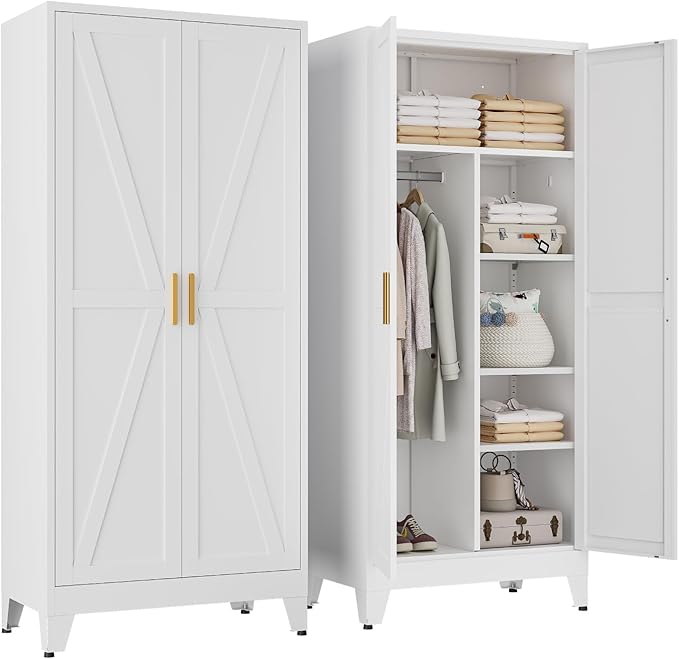 71" Tall Metal Armoire Wardrobe Closet with Hanging Rod and 3 Adjustable Shelves,White Storage Cabinet,Steel Wardrobe for Bedroom Garage Laundry Room Office Apartment Amployees,6 Tier 1 Pack