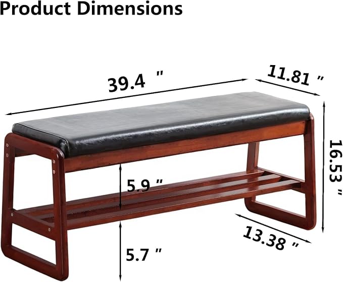 Solid Wood Shoe Bench, 2-Tier Wooden Entryway Bench, Modern Shoe Rack with Faux Leather Cushion for Hallway, Living Room (Black, 39.4'') - Image 3
