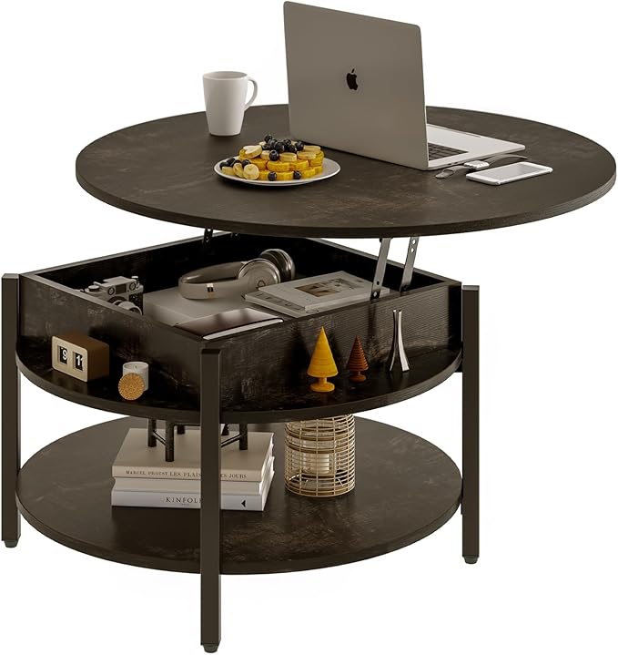 FABATO Round Lift Top Coffee Table with Storage and Hidden Compartment, 26.77'' Farmhouse Coffee Table for Living Room Reception Room, 2 Tier Small Round Coffee Table Circle Dining Table, Black Oak | Lift Top, with Storage, Hidden Compartment, Farmhous...