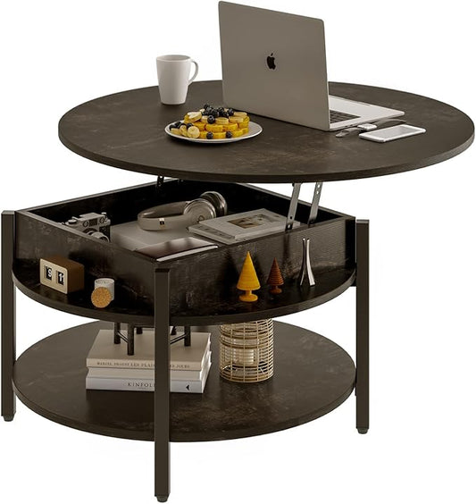 FABATO Round Lift Top Coffee Table with Storage and Hidden Compartment, 26.77'' Farmhouse Coffee Table for Living Room Reception Room, 2 Tier Small Round Coffee Table Circle Dining Table, Black Oak | Lift Top, with Storage, Hidden Compartment, Farmhous...