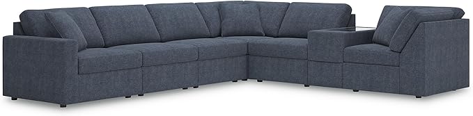 Signature Design by Ashley Modmax Contemporary Stain Resistant Right-Arm Facing 7-Piece Sectional with Storage Console, Armrest, Throw Pillows and Reversible Cushions, Blue