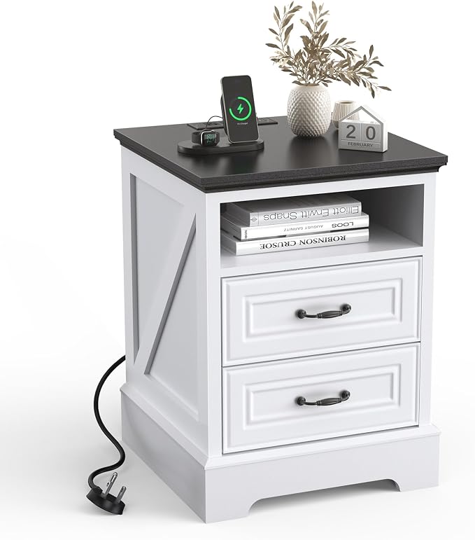 18" Nightstand with Charging Station, Farmhouse Night Stand, End Table with 2 Drawers Storage Cabinet Bedside Cabinet for Living Room and Bedroom,Wood Rustic - Image 7