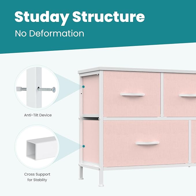 OLIXIS Dresser for Bedroom with 5 Drawers, Wide Chest of Drawers, Fabric Bedroom Dresser with Drawer Organizer, Storage Organizer Unit with Fabric Bins for Closet, Living Room, Hallway, Pink - Image 8