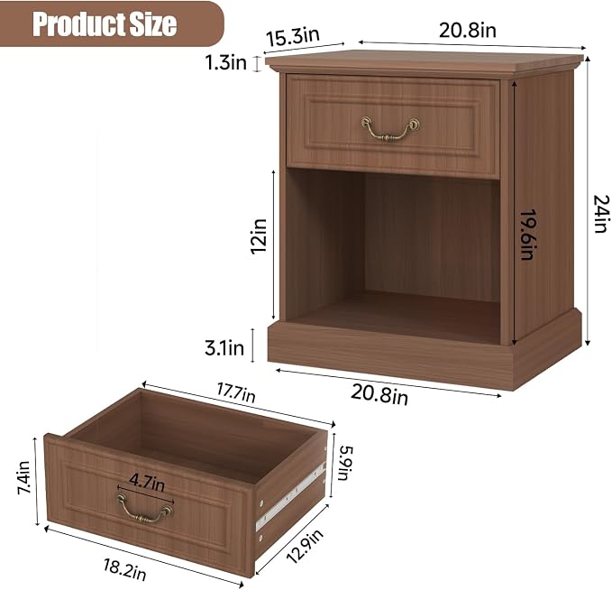 Nightstand Set of 2 with Drawer and Open Shelf, Wooden Bed Side Table for Bedroom, Modern End Table Side Table for Living Room, Small Night Stand Set 2 Furniture for Small Spaces (Walnut) - Image 3