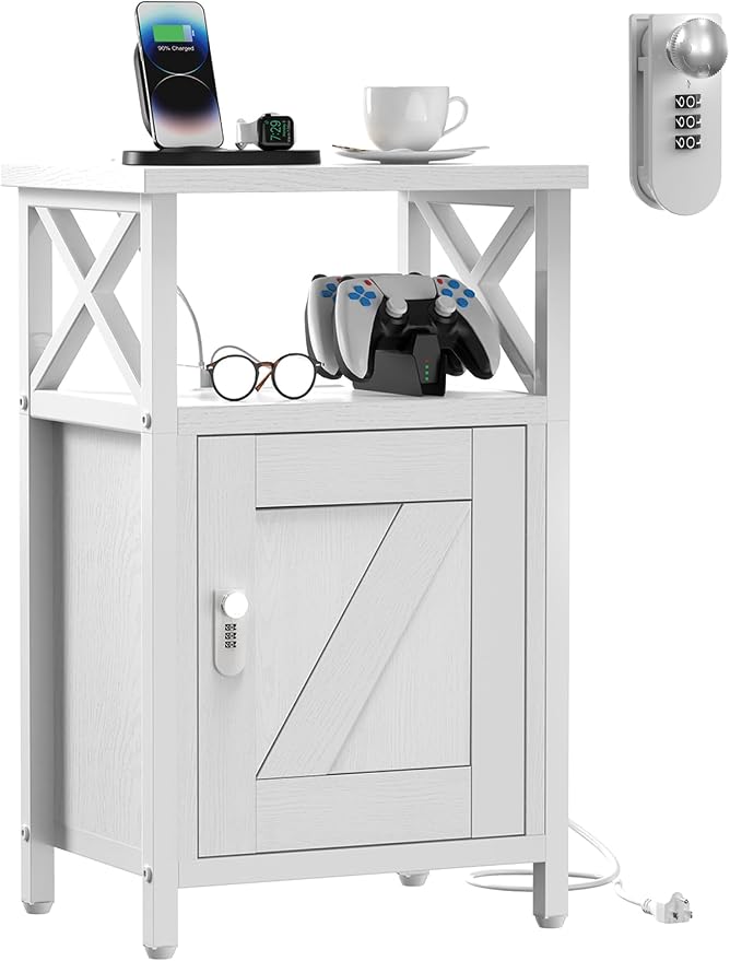 runjuly Wooden Nightstand with Lock, Bed Side Table with Drawers, Bedside Table with Charging Station, 3 USB & 2 Outlets, Night Stand with Storage, End Tables for Bedroom, Dorm, White by Home