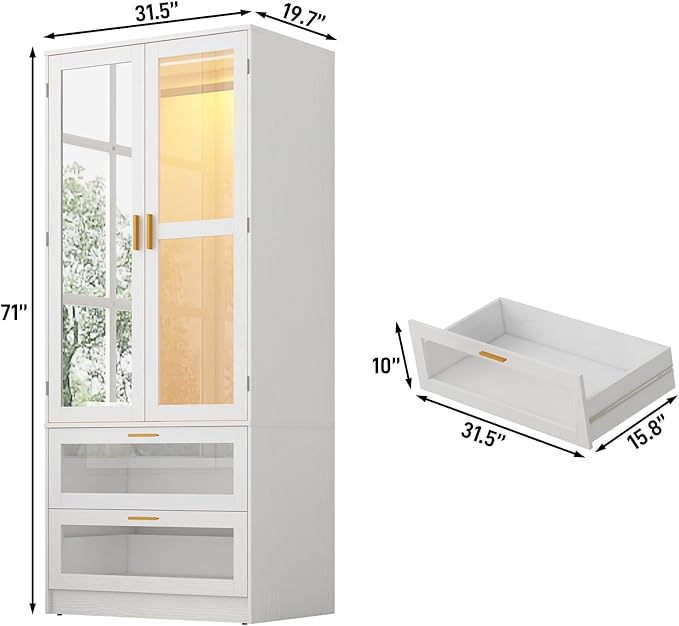 2 Doors Armoire Wardrobe Closet with LED and Mirror,71" H Freestanding Wooden Wardrobe Closet Cabinet for Bedroom w 2 Drawers,Wooden Clothing Storage Cabinet w Hanging Rod,Closets for Bedroom(White)