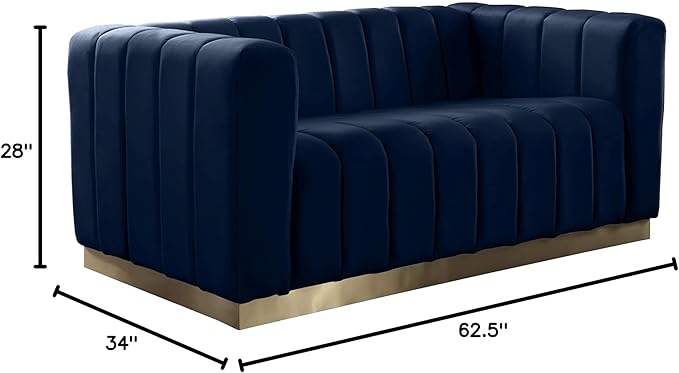 Meridian Furniture 603Navy-L Marlon Collection Modern | Contemporary Velvet Upholstered Loveseat with Deep Channel Tufting, Stainless Steel Base in a Brushed Gold Finish, Navy, 62.5" W x 34" D x 28" H