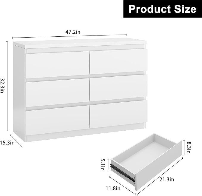 Jocoevol White 6 Drawer Dresser for Bedroom, 15.3" D x 47.2" W x 32.3" H in Simply Modern Chest of Drawers, Wood Storage Double Dresser with Deep Drawers for Living Room, Hallway Entryway, White - Image 2