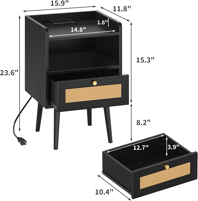 MECHYIN Night Stand Set 2, Nightstands Set of 2 with Charging Station, Rattan Side Tables with Solid Wood Legs, Boho Bedside End Table for Apartment Bedroom Dorm Small Space - Image 3