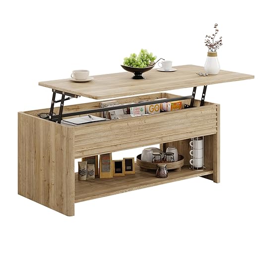 Fluted Lift Top Coffee Table for Living Room, Small Coffee Table with Storage Hydraulic Lift Large Capacity, Sturdy Legs Safe Round Corner, Easy Assembly for Small Spaces, Horizontal Grain-Natural