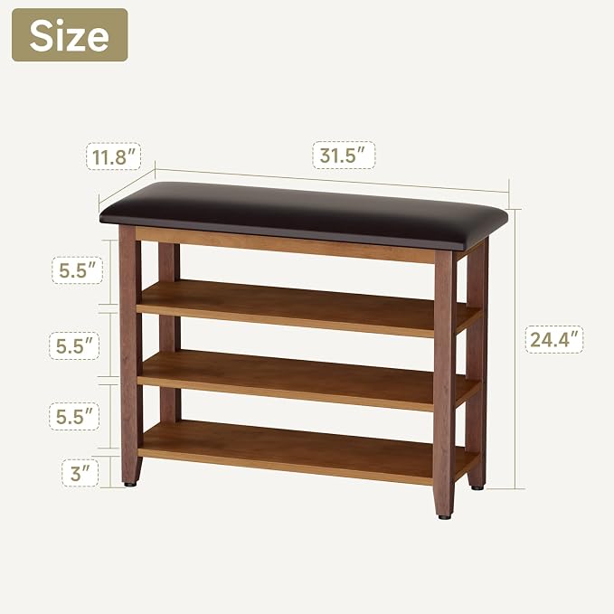 Shoe Bench with Leather Cushion,Wood Bench with Shoe Rack,3-Tier Shoe Storage Organizer for Entryway,Hallway,Living Room (Brown, 3-Tier-31.5") - Image 3
