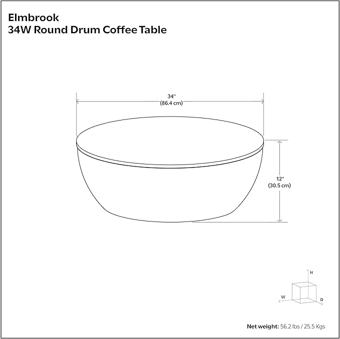 SIMPLIHOME Elmbrook Coffee Table - 34 inch Wide Solid Mango Wood Modern Industrial Round Drum Cocktail Table in Weathered White, Sculptural Living Room Table with Low Profile Design, Assembled