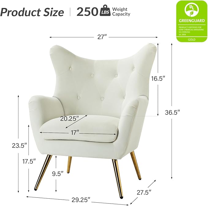 HULALA HOME Velvet Accent Chair Set of 2, Modern Wingback Arm Chair with Metal Gold Legs, Velvet Tufted Upholstered Single Sofa(Ivory)