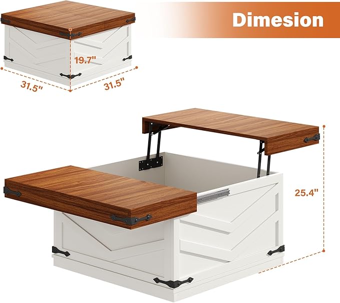 31.5'' Lift Top Coffee Table, Sliding Top Square Center Table with Large Hidden Storage Organizer, Multi-Functional Farmhouse Coffee Tables for Living Room, Bedroom, Home Office, White