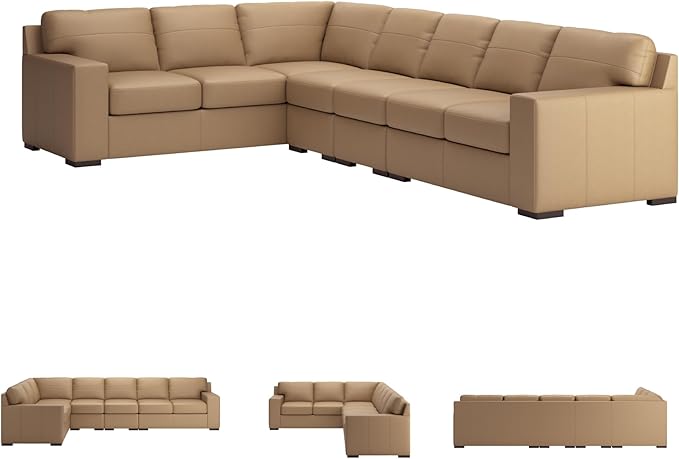 Signature Design by Ashley Bandon Modern Leather Match Left-Arm Facing 4-Piece Sectional with Removable Cushions and Armrest, Light Brown