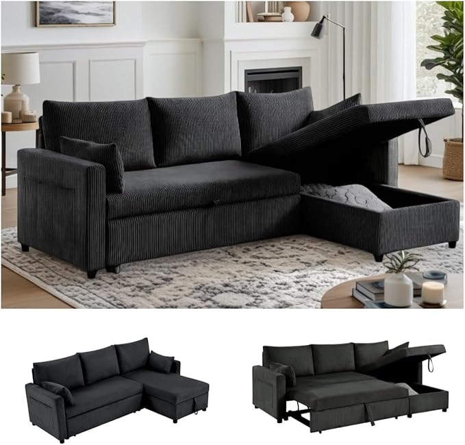 Queen Sleeper Sofa, Convertible Sofa Bed with Storage, 85 Inch Sectional Couch with Pull Out Bed, L Shaped 3 Seat Sectional Sleeper Sofa for Living Room, Apartment, Black