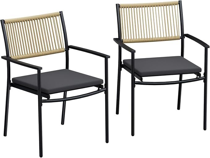 7 Pieces Outdoor Dining Set for 6, Large Steel Dining Table with Umbrella Hole, Wicker Patio Table and Rattan Chairs for Garden, Deck, Yard, Porch, Matte Metal Spray Coating Patio Dining Set, Black - Image 5