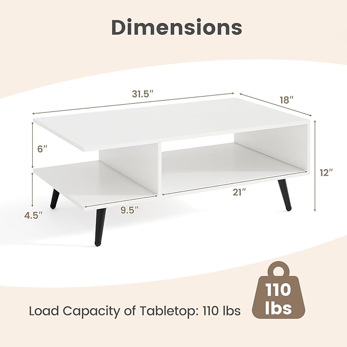 GOFLAME Wood Coffee Table, 2-Tier Mid Century Modern Center Table with 2 Open Storage Compartments & Metal Legs, Rectangular Accent Tea Tables for Living Room, Home Office, Apartment, White