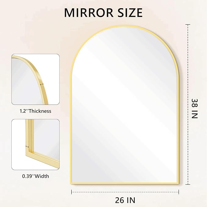 Arched Bathroom Mirror for Wall, 38" x 26" Gold Metal Frame Vanity Mirror, HD Glass Over Sink for Bathroom, Entryway, Bedroom - Image 7