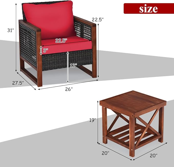 Tangkula 3 Pieces Patio Wicker Furniture Set, Rattan Outdoor Sofa Set w/Washable Cushion & Acacia Wood Coffee Table, Conversation Bistro Set for Garden Balcony Backyard (Red)