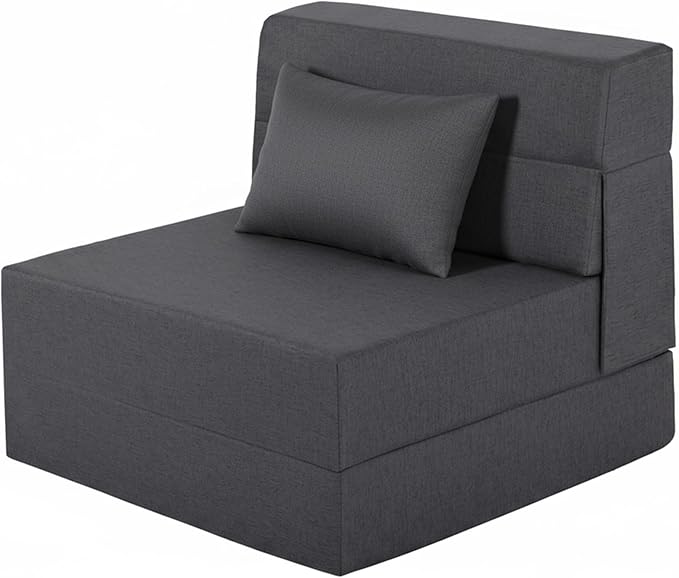 Folding Sofa Bed, Foldable Sleeper Chair with Pillow, Convertible Fold Out Chair Bed with Washable Cover, Foldable Mattress for Living Room, Bedroom, Guest Room, Single Size, Dark Grey