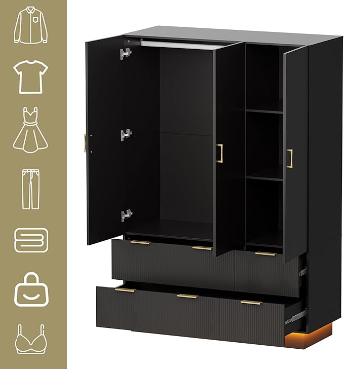 PAKASEPT Large Wardrobe Closet, Armoire Closet with Door and Mirror, LED Lights, Hanging Rod, Drawers, Armoires and Wardrobes for Bedroom (Black)