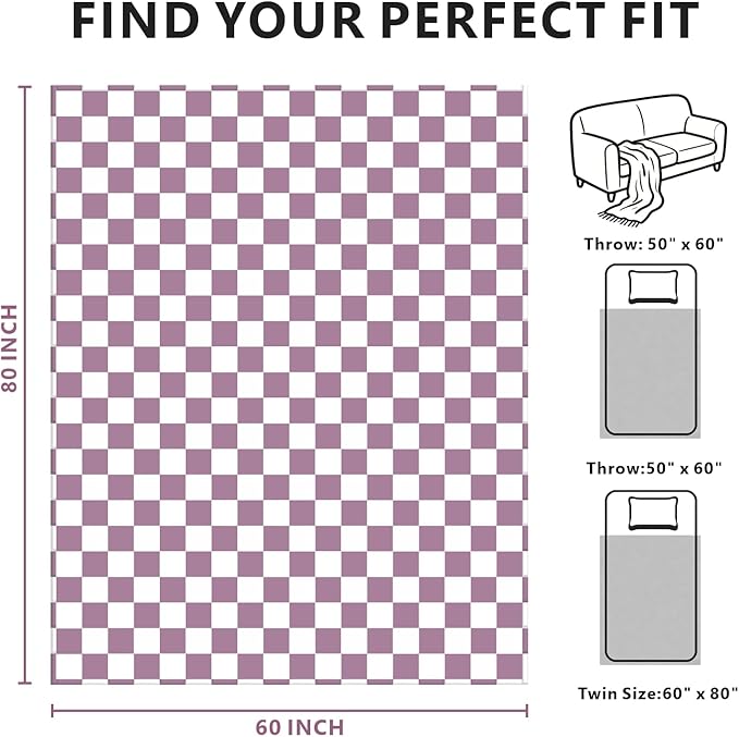 Edenleaf Checkered Blanket Flannel Throw Blankets Soft Cozy Checkered Grid Print Chessboard Gingham Pattern Throws for Bed Sofa Couch for All Seasons, 60x80 Inch, Purple