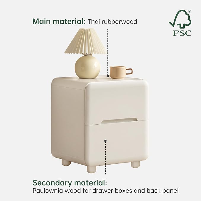 YESWOOD White Wood Nightstand with 2 Drawers, Mid Century Modern Nightstands, Girls Night Stand with Rounded Corners & Hidden Handle, Small Night Stand for Bedroom, Living Room(18.9" H) - Image 8