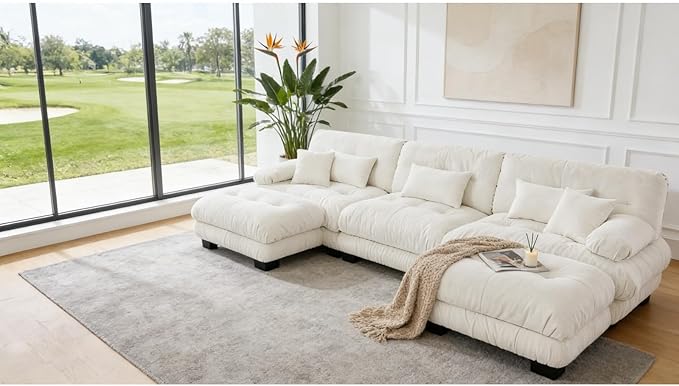 133.8" U-Shaped Cloud Couch, Oversized Modular Sectional Sofa, Deep Seat Cloud Boneless Couch, 3-Seat Modular Sectional Sofa with 2 Ottoman or Living Room,Bedroom and Apartment, White
