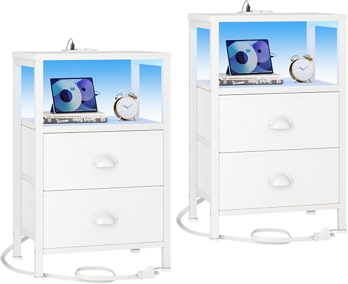 Furologee Nightstands Set of 2, End Tables Set of 2 with Charging Station and LED Lights, White Night Stands with 2 Fabric Drawers, Bedside Tables for Living Room/Bedroom by Furologee
