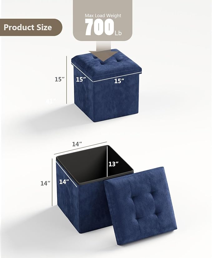 OS MOTOR Folding Storage Ottoman Bench, Multi-Functional Ottoman Footrest, End of Bed Bench, Storage Chest for Living Room, Bedroom, Hallway, Entryway, Holds Up to 300 lbs (Navy Blue, 15 Inches) - Image 3