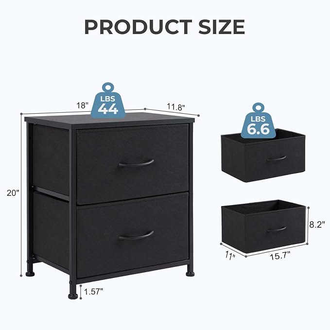 Night Stand Set of 2, Wide NightStands with 2 Drawers, Mid Century Small Nightstand with Adjustable Feets, Portable Bedside Table Set for Living Room, Entryway, Bed Room, Black (2PCS) - Image 3