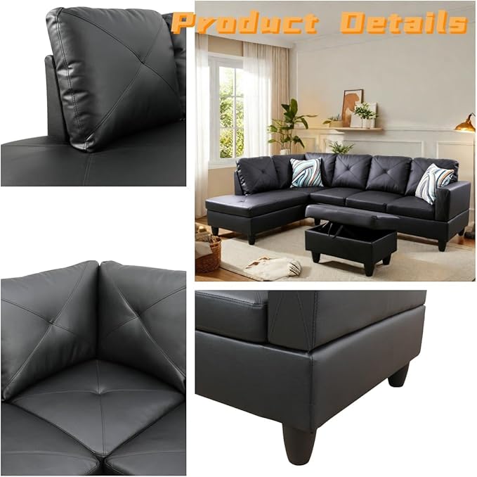 FONTOI L Shaped Sectional Couch with Otttoman, 97" Leather Sectional Sofa for Living Room Modular Couches with Cup Holders for Bedroom, Apartments, Black