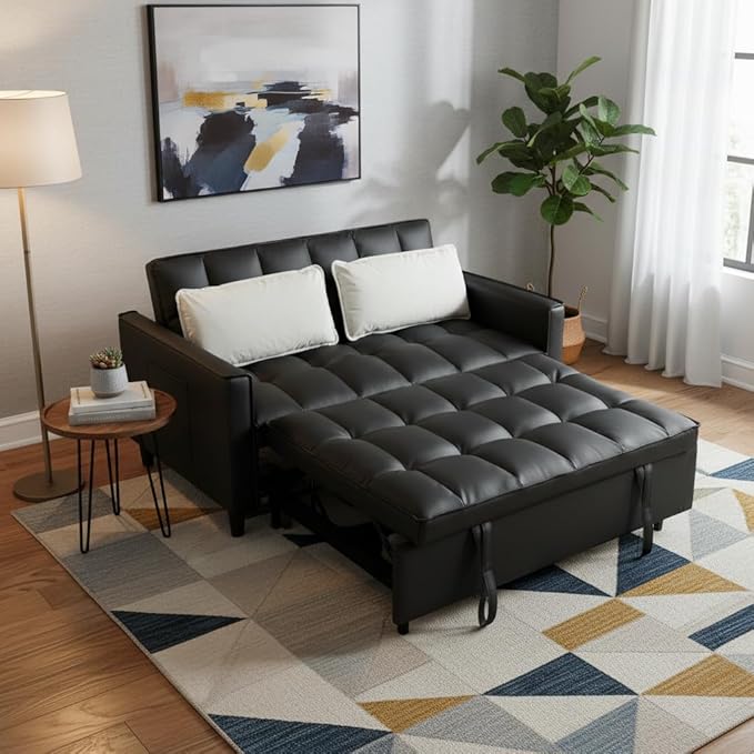3 in 1 Convertible Sofa Bed, Love Seat Sleeper Bed with Side Pockets, PU Fabric Pull Out Couch with Adjustable Backrest for Living Room, Bedroom, Apartment, Black