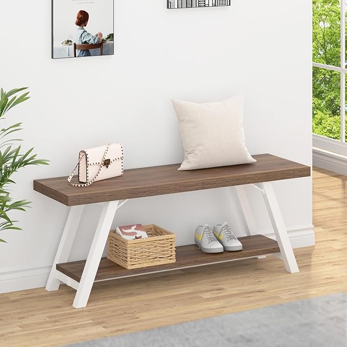 LVB Rustic Entryway Bench, Farmhouse Wood Indoor Shoe Bench with Storage in Bedroom End of Bed, Industrial Metal Foyer Shoe Rack Bench Seating for Hallway Living Dining Room, White Rustic Oak, 47 Inch - Image 2