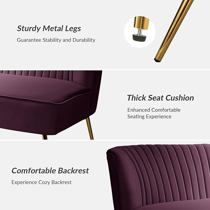 HULALA Home 3 Piece Velvet Living Room Furniture Set, Modern Comfy Upholstered Chair Set with Golden Legs, Include Loveseat & 2 Accent Chairs for Bedroom, Purple Tufted 2-Seater Sofa & Armless Chairs