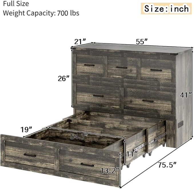 Bellemave Full Size Murphy Bed, Cabinet Bed with Charging Station and 1 Large Storage Drawer, Farmhouse Murphy Cabinet with Foldable Panel, Noisy Free, for Guest Bedroom, Living Room, Rustic Gray