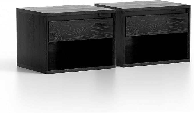 Mid Century Modern Floating Nightstand Set of 2, Wall Mounted End Table with Drawer and Open Compartment Wooden Bedside Night Stand Small Storage Cabinet for Bedroom, Black - Image 6