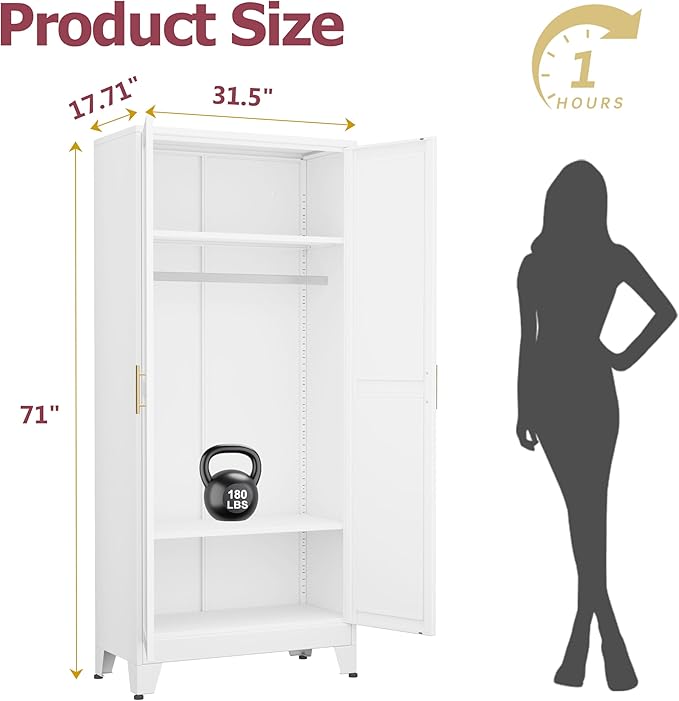 GAIOUS Metal Wardrobe Cabinet with Hanging Rod, 71" Metal Clothing Storage Cabinets with 2 Doors and Adjustable Shelves, White Armoire Wardrobe Closet for Bedroom, Laundry Room, Cloak Room