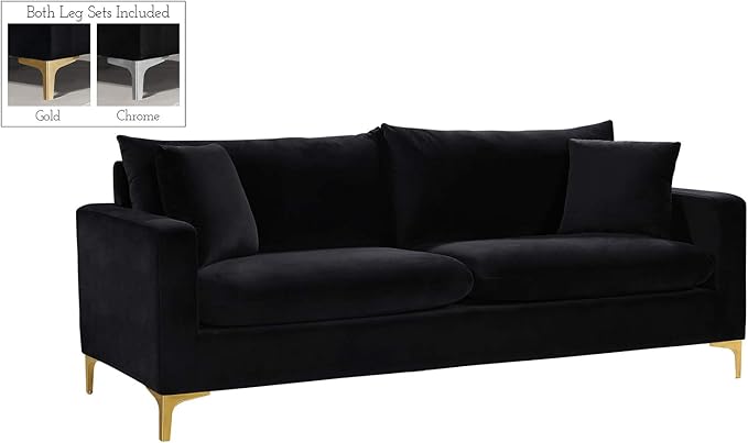 Meridian Furniture Naomi Collection Modern | Contemporary Black Velvet Upholstered Sofa with Stainless Steel Base in a Rich Gold or Chrome Finish, (633Black-S)