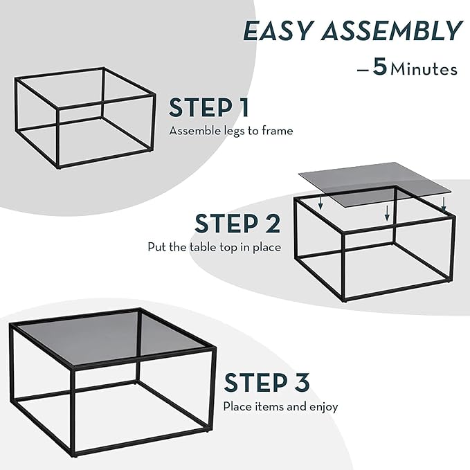 SAYGOER Glass Coffee Table, Small Modern Coffee Table Square Simple Center Tables for Living Room 26.7 x 26.7 x 17.7 Inches, Gray Black