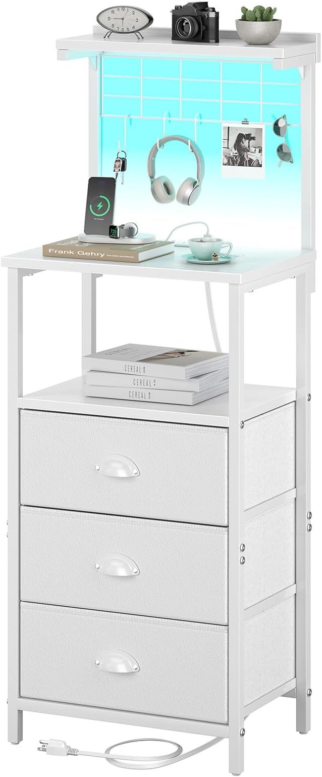 sthmec Bedside Tall Nightstands with Charging Station, LED Bedside Table for Bedroom - 3 PU Fabric Drawers, Hooks, USB/Type-C Ports & Open Bedside Shelves, White by Unknown
