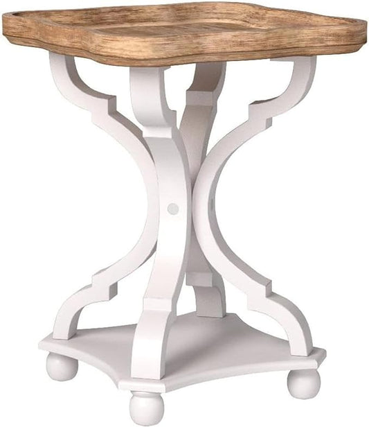 COZAYH Farmhouse Cottagecore End Table, Rustic Wood Tray Top Square Accent Table with White Curved Legs for Family Room, Living Room, or Small Spaces