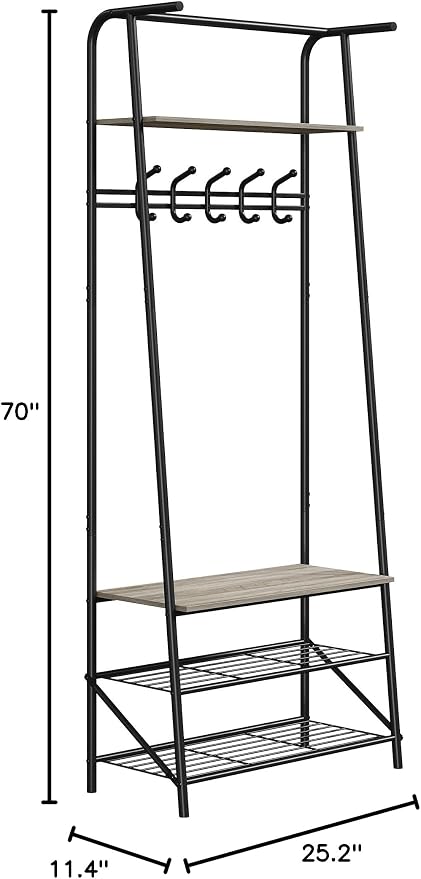 Hall Tree with Shoe Storage Bench & 5 Hooks – Entryway Coat Rack Organizer, Metal Frame, Wood Look – Multi-Functional for Entryway, Living Room, Bedroom – Single Row Hook, 60cm Wide, Gray - Image 9